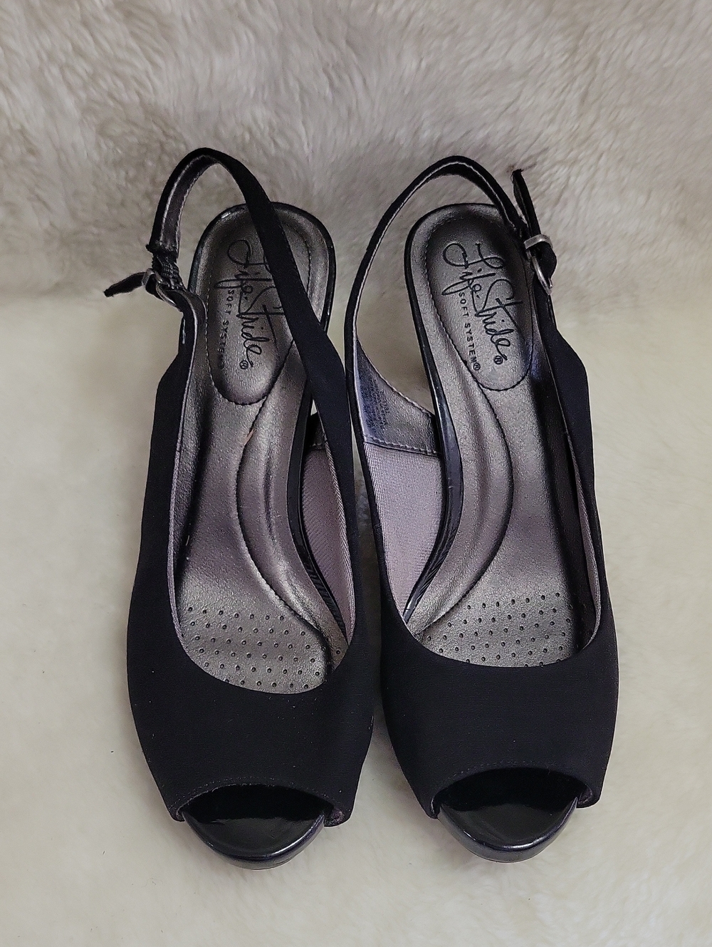 Life Stride Black Peep-Toe Slingback Heels. Size 6.5M